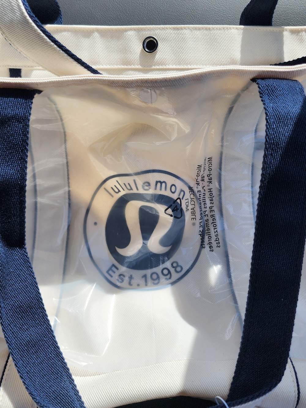lululemon athletica Cream Tote with Navy Logo And Straps. NWT